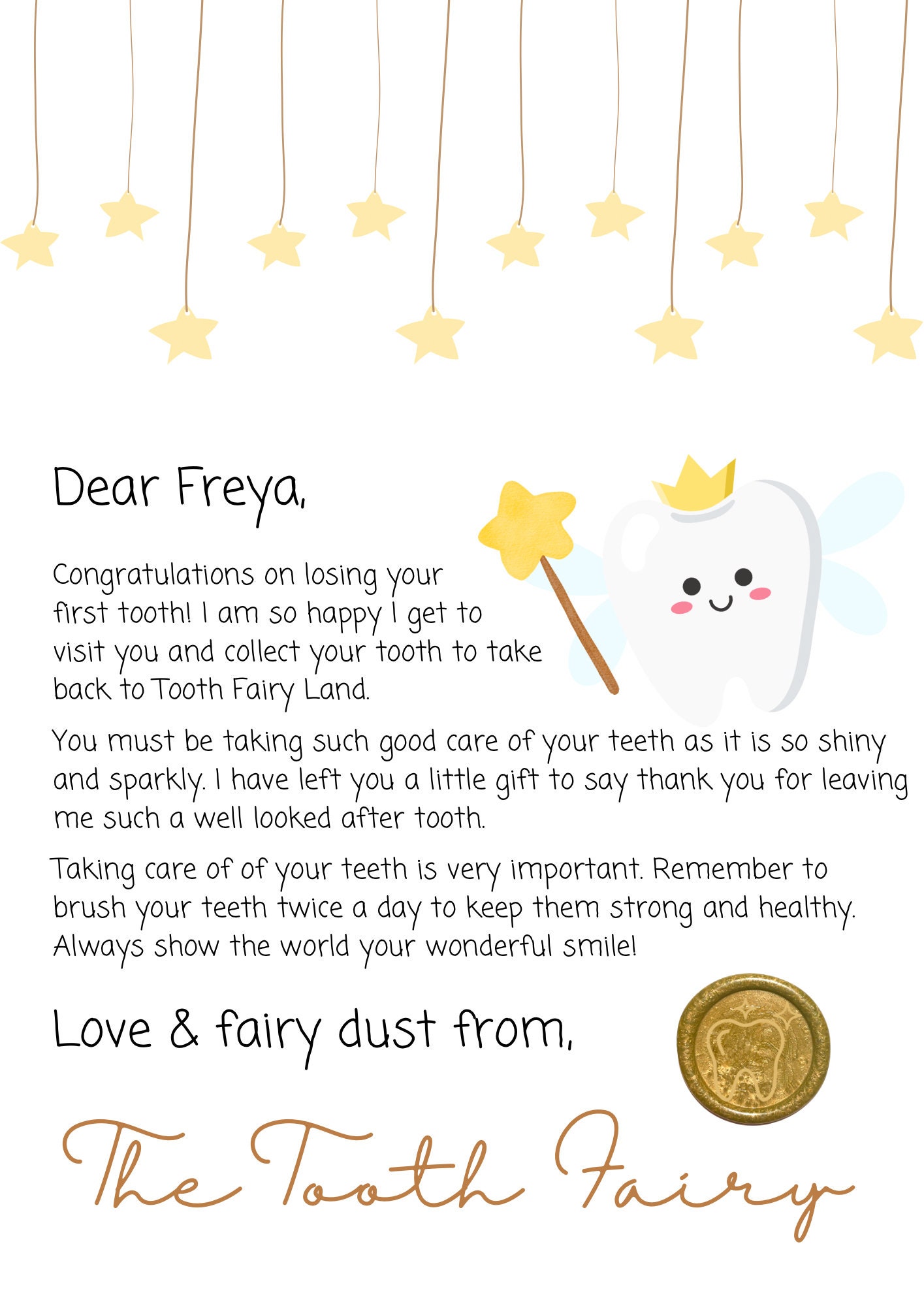 Tooth Fairy Letter Letter From Tooth Fairy First Tooth Letter