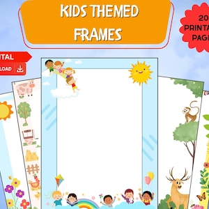 Op de afbeelding: Een set van 20 printbare pagina's met kleurrijke frames met verschillende kindvriendelijke thema's, waaronder een regenboog, boerderijdieren en een aap in een boom. De frames zijn perfect om elke project een leuke en speelse touch te geven.