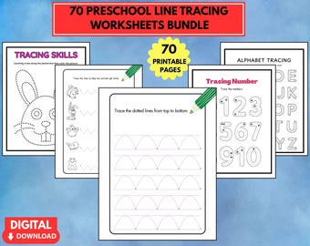 May include: A bundle of 70 preschool line tracing worksheets. The worksheets include tracing skills, alphabet tracing, and number tracing. The pages are black and white with illustrations of animals, numbers, and letters. The bundle is a digital download.