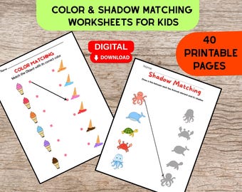 Color & Shadow Matching Worksheets for Kids/ Shadow Matching Worksheets / Color Matching/ Match the Picture / Printable Educational Pages/