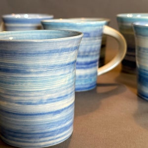 Handmade Striped Ceramic Mug • Artisan Pottery Coffee Cup • Unique Blue Stoneware Drinkware for Tea & Everyday Use