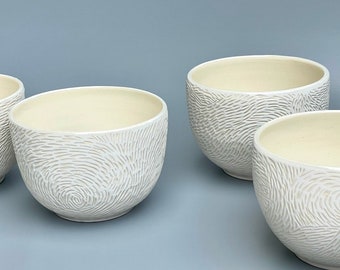 Set of 4 Hand-Carved Ceramic Bowls Modern Minimalist White Porcelain-like Unique Texture