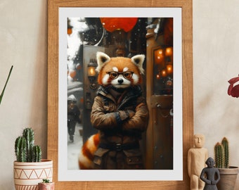 Red Panda Street Scene Art Print, Winter Festival Poster