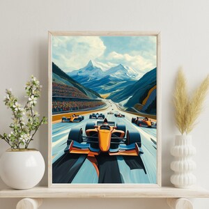 Dynamic F1 Racing in the Valley, Vibrant Formula 1 Car Racing Illustration, Motorsport Wall Art
