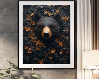 Black Bear Art Print: Forest Floral Wildlife Poster