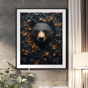 Bear Portrait with Intricate Forest Background, Black Bear Art Poster, 3D Woodland Animal Art, Nature-inspired Wall Decor, Wildlife Art