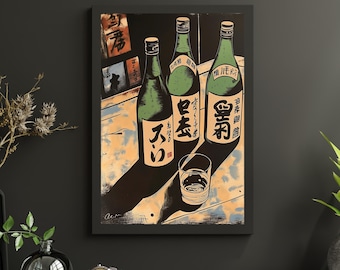 Japanese Sake Bottles Poster, Traditional Drink Art Print