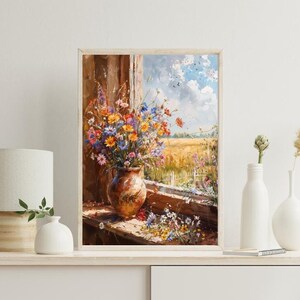 Flores junto a la impresión de arte de la ventana, cartel de florero, estampado floral, arte floral de la pared, cartel vintage, arte de la pared de la ventana