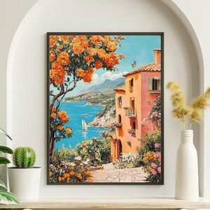 Charmante Küstenvilla mit blühenden Orangenbäumen, mediterrane Dorflandschaft