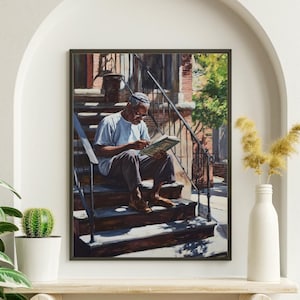 Harlem Renaissance Era Street Scene Art Print - African American Man Reading in Harlem