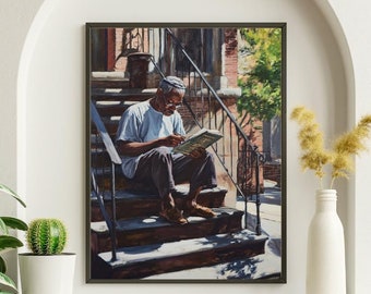 Impresión artística de una escena callejera de la época del Renacimiento en Harlem: hombre afroamericano leyendo en Harlem
