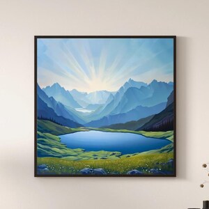 Bergsee Sonnenaufgang Kunst, lebendige Landschaft Poster, ruhige Natur Druck, ruhige Bergszene, Naturlandschaft Serie Wandkunst