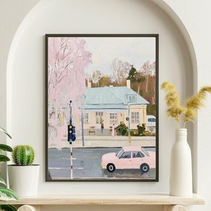 Rainy Day Reflections at Daylesford Café Wall Art Part 2, Gemütliche Café-Szene unter einem rosa Glow an einem nassen Abendposter