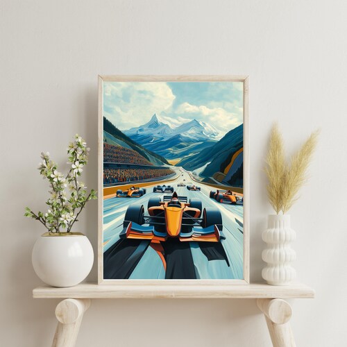 Dynamisches F1-Rennen im Tal, lebendige Formel-1-Autorennsport-Illustration, Motorsport-Wandkunst