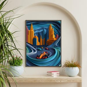 Formula 1 Racing Poster, Colorful Cityscape F1 Wall Art