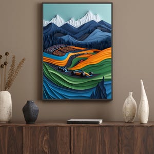 F1 Racing Art Print, Scenic Mountain Motorsport Poster