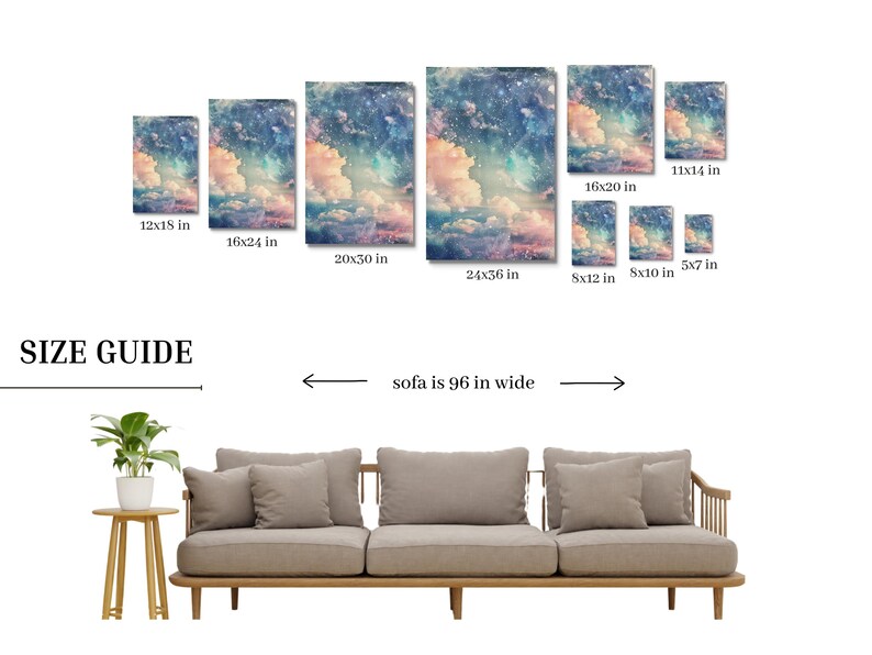 Op de afbeelding: Een verzameling canvas prints met een dromerige luchtsc&egrave;ne met wolken in blauw, roze en wit. Maten vari&euml;ren van 12,7 x 17,8 cm tot 61 x 91,4 cm. De afbeelding bevat een maattabel en een bank die 244 cm breed is.