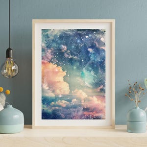 Arte del cielo nocturno de ensueño, decoración de la pared de la noche estrellada, pintura del cielo nocturno, cartel de la noche estrellada, impresión estrellada celestial, decoración del universo místico