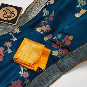 Banarasi Semi blue  Georgette silk Saree  with Blouse | Georgette saree | Khaddi chiffon  saree | Banarasi wedding silk saree