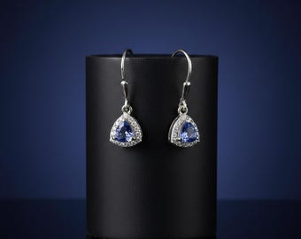 Tanzanite with Moissanite Halo Earring in Sterling Silver, Tanzanite Earring, Lever Back Earring, Tanzanite Jewelry, Drop Earring for Women