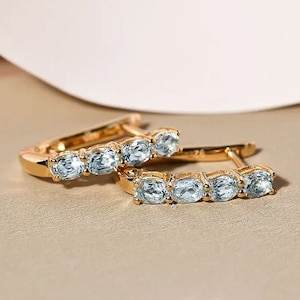 Aquamarine March Birthstone Hoop Earrings in Sterling Silver with 18K Vermeil Yellow Gold, Aquamarine Earring, Aquamarine Hoop Earring