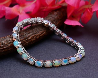 Ethiopian Opal Tennis Bracelet in Sterling Silver, Opal Bracelet, Gemstone Jewelry, Elegant Tennis Bracelet Gift for Her