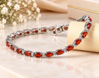 Pulseira de tênis com opala de fogo cereja mexicana, joia com pedra de nascimento de outubro, pulseira de moissanita com opala de fogo natural, presente em prata de lei para ela.