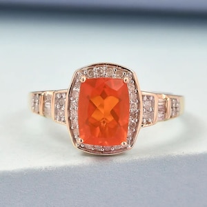 Mexican Fire Opal and Moissanite Ring in Yellow Gold Plated Sterling Silver, Fire Opal Ring, Crimson Fire Opal Ring, Birthstone Ring for Her