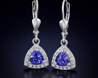 Tanzanite with Moissanite Halo Earring in Sterling Silver, Tanzanite Earring, Lever Back Earring, Tanzanite Jewelry, Drop Earring for Women