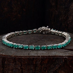 Natural Zamibian Emerald Tennis Bracelet in Platinum Plated Sterling Silver, Emerald Bracelet, Gemstone Bracelet, Gift for Her