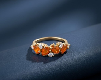 Mexican Fire Opal and Moissanite Wedding Band in Yellow Gold Vermeil, Fire Opal Ring, Dainty Stacking Band, October Birthstone, Gift for Her