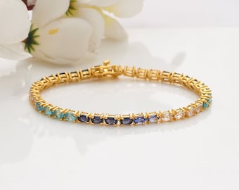 Pulsera de tenis con múltiples piedras preciosas en plata de ley bañada en oro amarillo, pulsera de piedras preciosas, pulsera de tenis, pulsera de plata, regalo para ella.