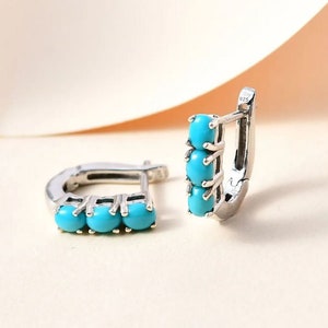 Sleeping Beauty Turquoise Huggie Hoop Earrings in Platinum Plated Sterling Silver, Turquoise Earring, Turquoise Hoop Earring, Gift for Her image 4