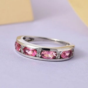 Pink Tourmaline and Moissanite Band Ring in Sterling Silver – Dainty Gemstone Ring, Stacking Ring, October Birthstone, Gift for Her