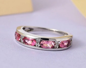Pink Tourmaline and Moissanite Band Ring in Sterling Silver – Dainty Gemstone Ring, Stacking Ring, October Birthstone, Gift for Her