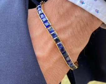 Blue Sapphire Tennis Bracelet in Sterling Silver, Men's bracelet, Sapphire Bracelet for Men's, Gemstone Bracelet, Blue Sapphire Bracelet