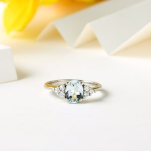 Natural Aquamarine with Moissanite Ring in Sterling Silver, Aquamarine Ring, Aquamarine Jewelry, March Birthstone Ring, Gift for Her