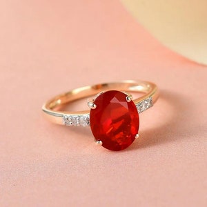 Mexican Fire Opal and Moissanite Ring in Yellow Gold Plated Sterling Silver, Fire Opal Ring, Crimson Fire Opal Ring, Birthstone Ring for Her