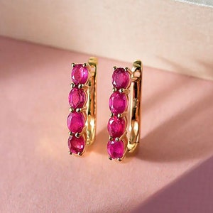 Ruby July Birthstone Hoop Earrings in Sterling Silver with 18K Vermeil Yellow Gold, Ruby Earring, Ruby Hoop Earring for Women