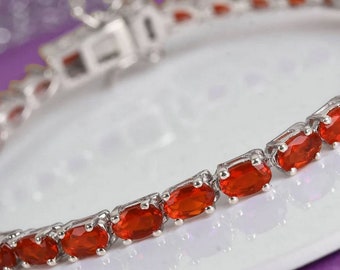 Premium Mexican Fire Opal Tennis Bracelet in Platinum Plated Sterling Silver, Fire Opal Bracelet, Gemstone Bracelet for Women, Gift for Her