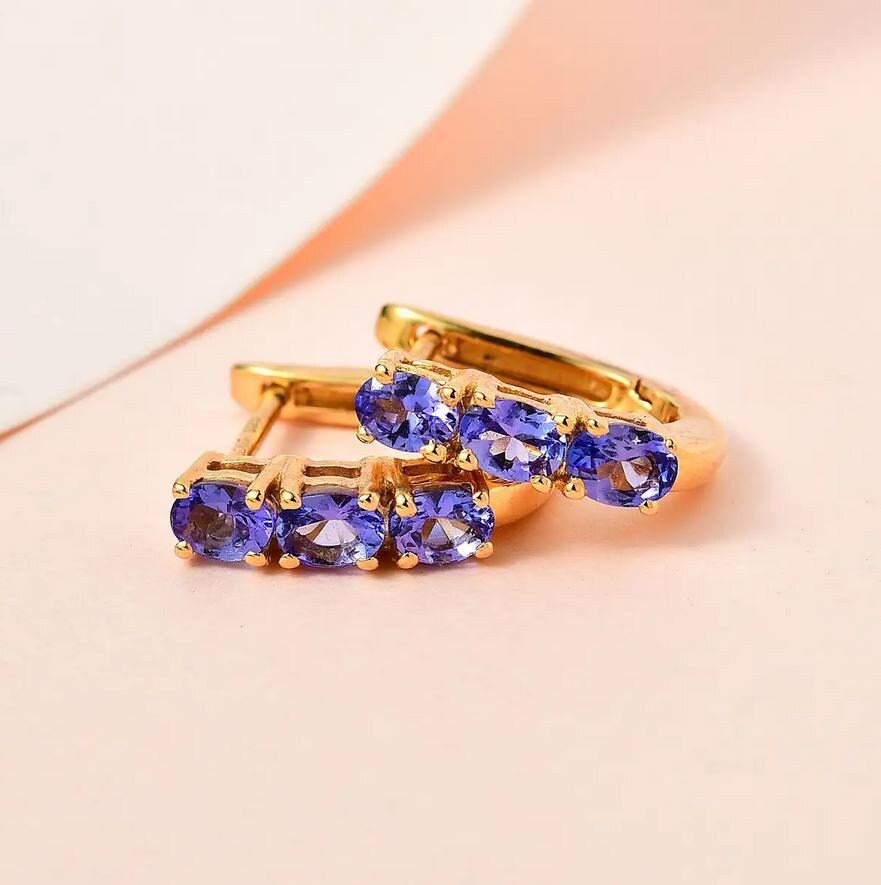 Orecchini Huggie Hoop Con Tanzanite E Diamanti, Regalo In Oro Giallo Massiccio 14k