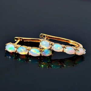 Opal October Birthstone Hoop Earrings in Sterling Silver with 18K Vermeil Yellow Gold, Opal Earring, Opal Hoop Earring for Women