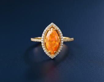 Mexicaanse Fire Opal Marquise-ring in sterlingzilver, moissaniet-haloring, geboortesteen oktober, uniek verlovingscadeau voor haar