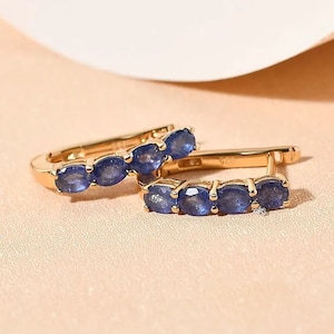 Sapphire September Birthstone Hoop Earrings in Sterling Silver with 18K Vermeil Yellow Gold, Blue Sapphire Earring, Sapphire Hoop Earring