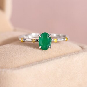 Natural Emerald And Yellow Diamond Moissanite Ring in Sterling Silver, Emerald Ring, Emerald Jewelry, May Birthstone Ring, Gift for Her
