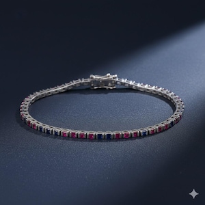 Blue Sapphire with Ruby Tennis Bracelet in Sterling Silver, Sapphire Bracelet, Ruby Bracelet, Tennis Bracelet, Gemstone Bracelet for Her