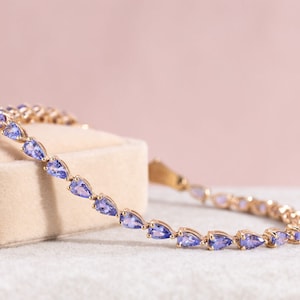AAAA Pear Cut Tanzanite Tennis Bracelet in Yellow Gold Plated Sterling Silver – December Birthstone Fine Gemstone Jewelry for Her
