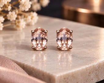 Morganite Stud Earing in 14K Rose Gold Plated Sterling Silver, Morganite Earring, Gemstone Earring, Stud Earring, Gift for Her