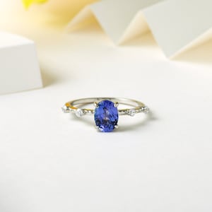 AAAA Tanzanite with Moissanite Ring in 14K Solid White Gold, Tanzanite Ring, Tanzanite Jewelry, Art Deco Ring, Diamond Ring, Gift for Her