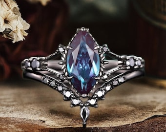 Black Gold Marquise Cut Alexandrite Engagement Ring Set, Witchy Rhodium Black Promise Ring, Gothic Black Wedding Anniversary Ring Bridal Set